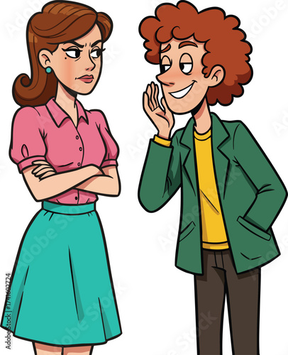 Woman with crossed arms listening to man whispering secret in casual clothing vector illustration 