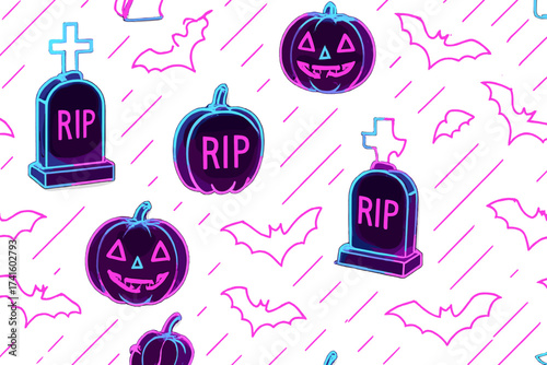 Colorful Halloween pattern with pumpkins, gravestones, and bats on a festive background