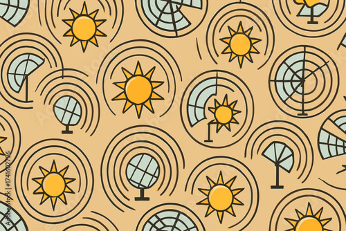 Design featuring suns, trees, and circles in a colorful pattern evoking nature and energy themes
