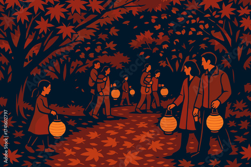 Families enjoy an evening lantern walk through colorful autumn leaves in a peaceful park