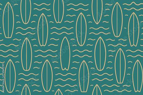 Colorful pattern of surfboards and waves creating a lively beach vibe in a tropical setting