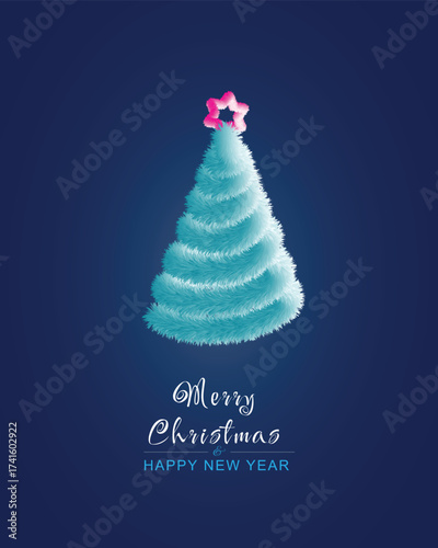 Merry christmas greeting card with Blue Furry christmas tree with Pink Star