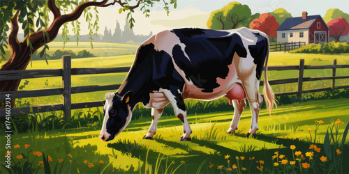 Holstein Cow Grazing on Vibrant Sunny Pasture with Barn and Trees—Beautiful Rural Farm Landscape Illustration