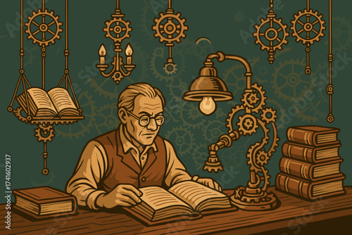 Elderly man reading a book in a steampunk study filled with gears and warm light