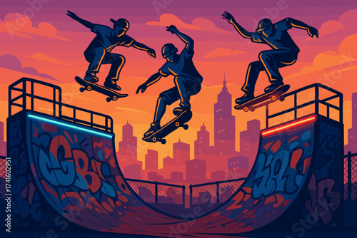 Skater performs tricks at sunset in urban skatepark with city skyline in the background