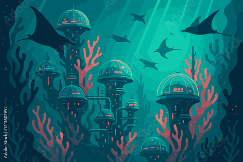 Underwater city with futuristic structures and marine life swimming among colorful coral reefs