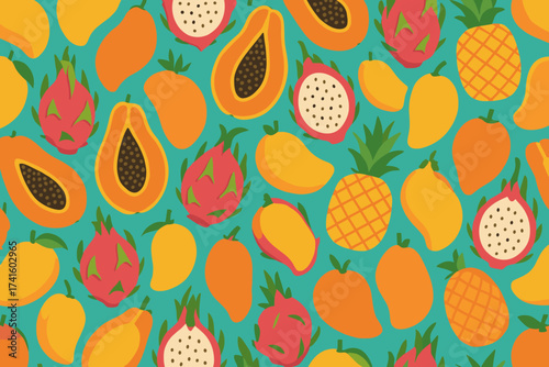 Colorful tropical fruits pattern showcasing variety of exotic produce on a bright background