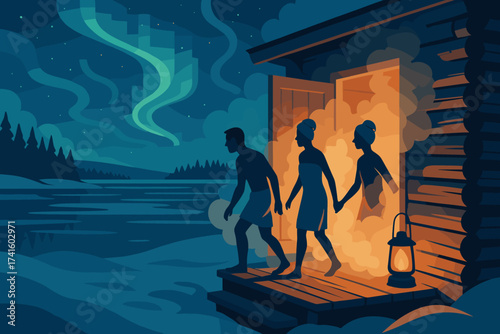 Two people stepping out of a cozy cabin into the night under the northern lights near a calm lake