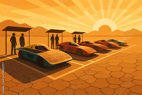 Solar-powered race cars parked in a desert setting during sunset, showcasing green technology and competition spirit