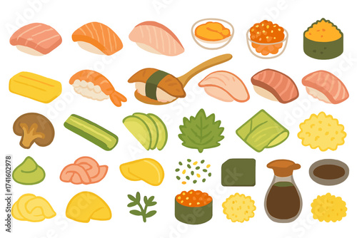 Varied selection of sushi and ingredients displayed on a clean white background