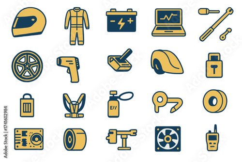 Collection of automotive tools and equipment symbols for car maintenance and repair tasks