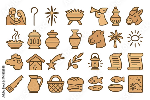Symbols of a traditional nativity scene with simple icons depicting Christmas themes and elements