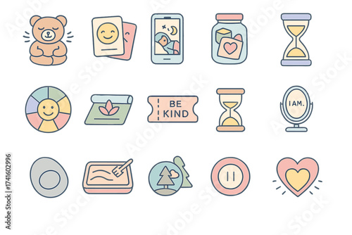 Cute and colorful illustrations representing positivity and kindness with various symbols of self-care and mindfulness