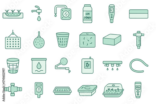 Collection of gardening and measuring tools used for plant care and cultivation at a home gardening setup