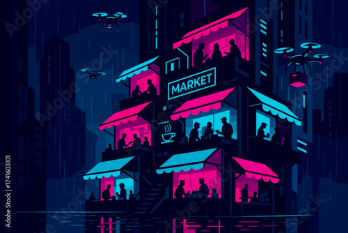 Vibrant market scene in a futuristic city during rainy night with customers and drones