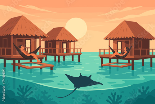 Relaxing at coastal huts during sunset with hammocks and a manta ray swimming by