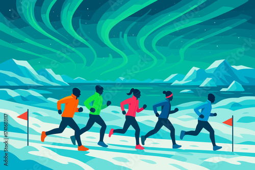 Five runners enjoy a cold winter evening under the northern lights in a snowy landscape