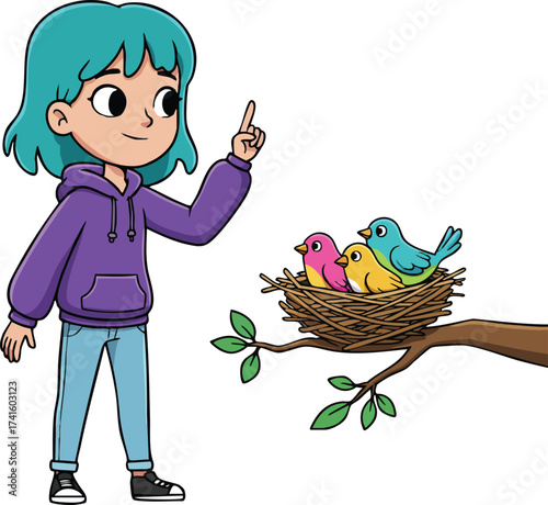 Child with teal hair pointing at colorful birds in nest on tree branch vector illustration in casual clothing 
