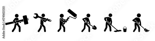 Silhouette workers with tools set, construction and cleaning people icons, labor maintenance occupation vector illustration.