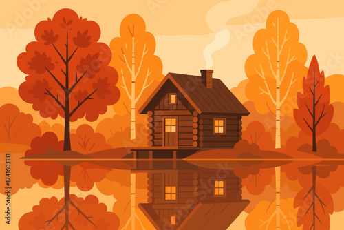 Cozy log cabin stands by a tranquil lake surrounded by vibrant autumn trees at sunset