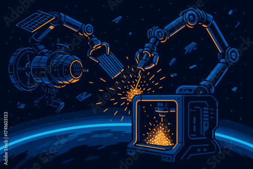Robotic arms engaged in space exploration and manufacturing process with sparks in a satellite environment