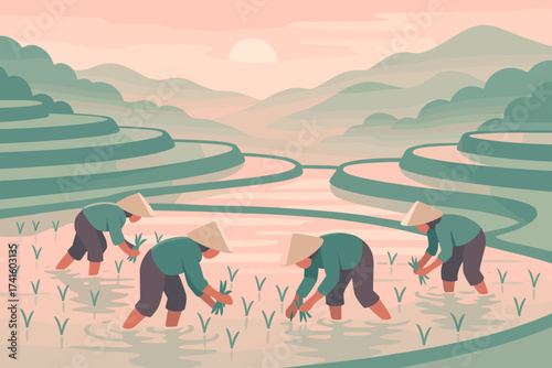 Farmers working in rice fields at sunrise near a river in a serene landscape