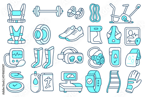 Collection of fitness and sports equipment in a simple design for workouts and training sessions