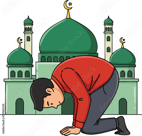 Muslim man praying in front of green mosque with golden crescent symbols vector illustration 