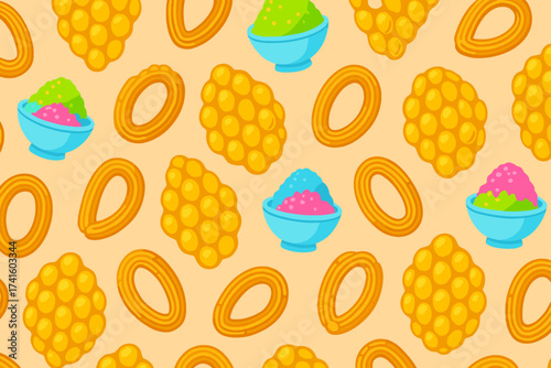Colorful dessert patterns featuring bowls of shaved ice, honeycomb sweets, and churros on a cheerful background