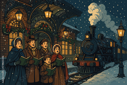Holiday carolers gather at the snowy train station to celebrate the festive season with joy and music