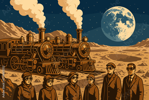 Trains on the Moon with passengers in retro attire and a large moon in the night sky