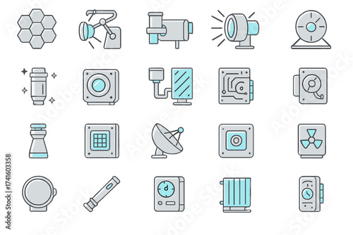 Collection of diverse scientific and industrial tools arranged in a grid pattern showcasing technology and engineering