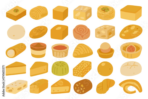 Colorful assortment of traditional sweets displayed on a white background in a playful style
