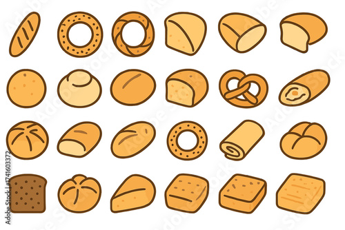 Various types of baked goods displayed in a simple and colorful layout featuring bread and pastries