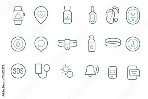Collection of health and wellness icons representing modern technology, lifestyle, and emergency features