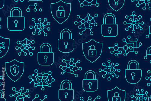 Patterns of digital security symbols on a dark background showcasing padlocks and network connections