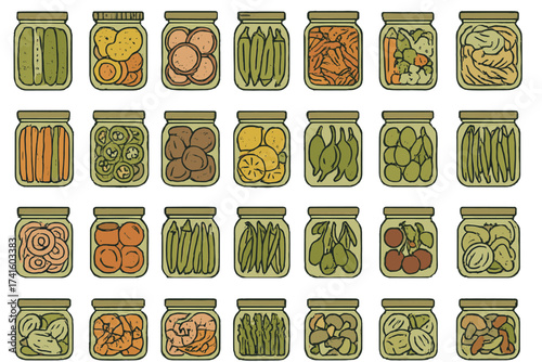 Collection of colorful jars filled with various preserved vegetables and fruits on a simple background