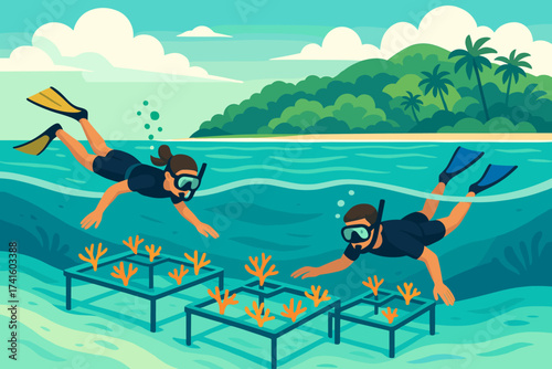 Coral restoration efforts in clear tropical waters with divers caring for coral beds