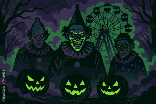 Creepy clowns with glowing pumpkins and a haunted ferris wheel at night