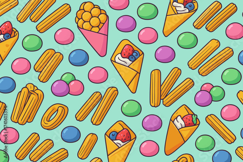 Colorful pattern of desserts and sweets with ice cream cones, churros, and candy on a bright background