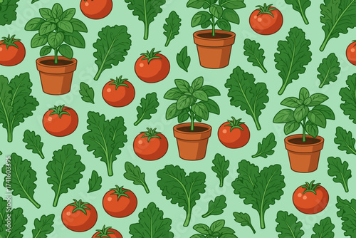 Colorful pattern of plants and vegetables in pots on a gentle green background for gardening lovers