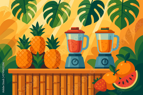 Fresh tropical fruit smoothies being prepared in a bright kitchen with tropical plants and fruits