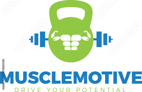 Fitness Logo with Kettlebell, Barbell, and Abstract Abs, Motivational Gym and Personal Training Vector Icon in Green and Blue