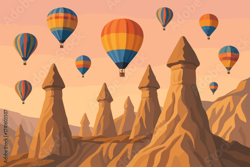 Colorful hot air balloons soar over unique rock formations at sunrise in a serene landscape