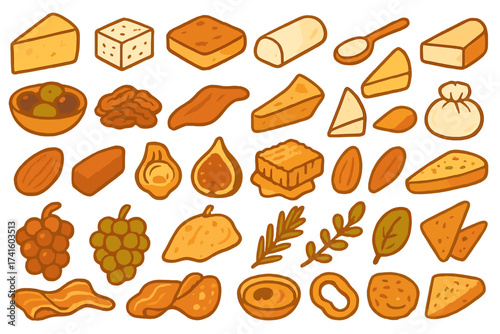 Variety of delicious food items including cheese, fruits, and snacks arranged artistically on a light background