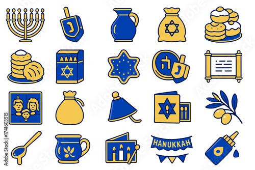 Symbols and traditions of Hanukkah displayed in a colorful and festive arrangement on a white background