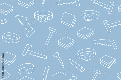 Blue pattern featuring simple sketches of tools and objects for home improvement and repair activities