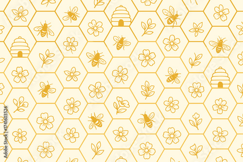 Beautiful pattern of bees, flowers, and hives in hexagon shapes on a light background