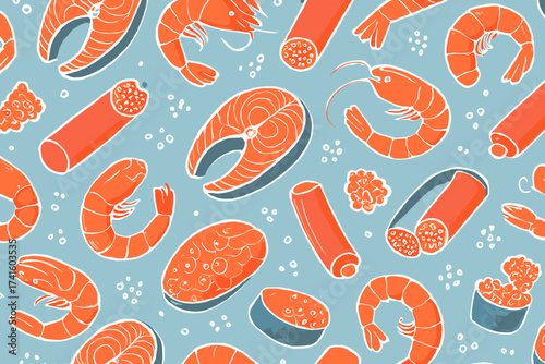 Colorful seafood pattern featuring shrimp, fish, and sushi on a blue background ideal for culinary design and decoration