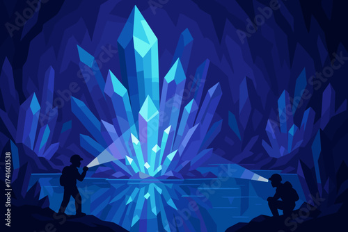 Exploring a cave with glowing crystals and two adventurers using flashlights at nighttime